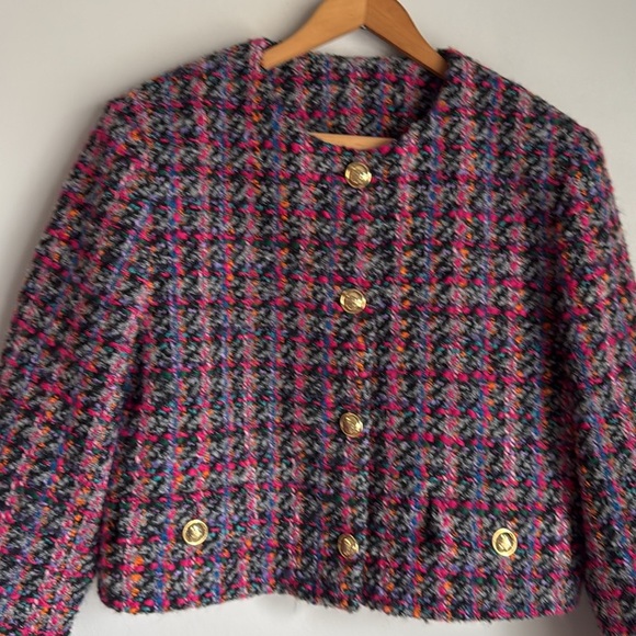 NEW SANDRO Cropped  wool blend bouclé-tweed jacket - Black/Fuschia FR 38 - Picture 6 of 16